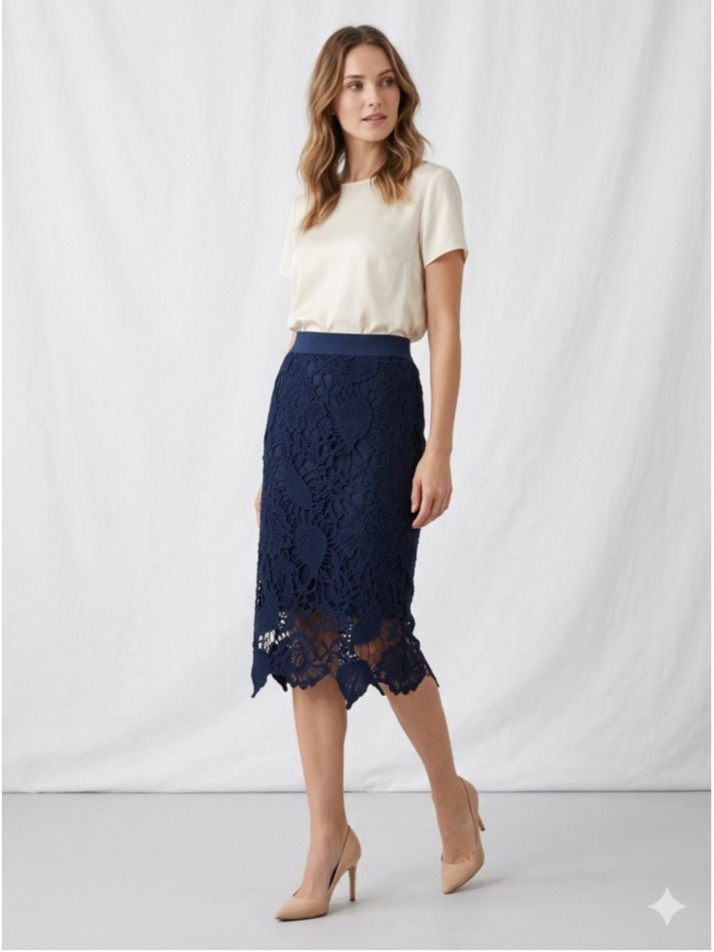 Forever 21 Navy Blue Crochet Lace Pencil Skirt with Scalloped Hem 218 party chic